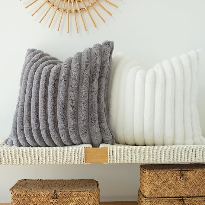 JOJUSIS Pack of 2 Faux Fur Plush Decorative Throw Pillow Covers Couch Cushion Case Soft Pillowcases (Grey, 16 x 16-Inch)