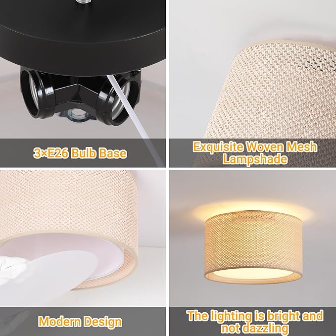 Boho Light Fixtures,12.6" Flush Mount Ceiling Lights Drum Light Fixture with Double Shade,3-Lights Close to Ceiling Lamps for Bedroom Living Room Dining Room Hallway Entryway Kitchen