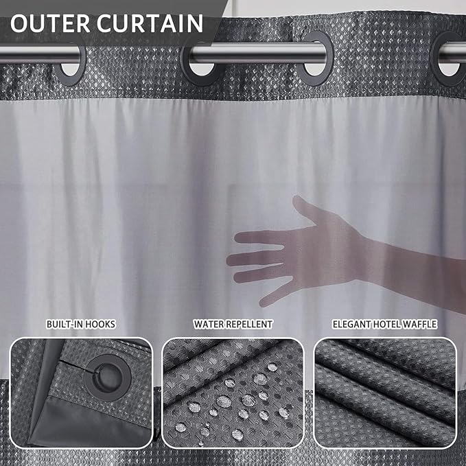 Furlinic Waffle Weave No Hook Shower Curtain with Snap in Liner,Heavy Duty Fabric Bathroom Curtain with See Through Window & Weighted Magnets,Waterproof & Machine Washable,Dark Grey,71x78 Inch