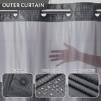 Furlinic Dark Grey Small Stall No Hook Shower Curtain with Snap in Liner,Waffle Weave Heavy Duty Fabric Waterproof Bathroom Curtains,Washable Shower Curtain Set with See Through Window 36x72 Inch
