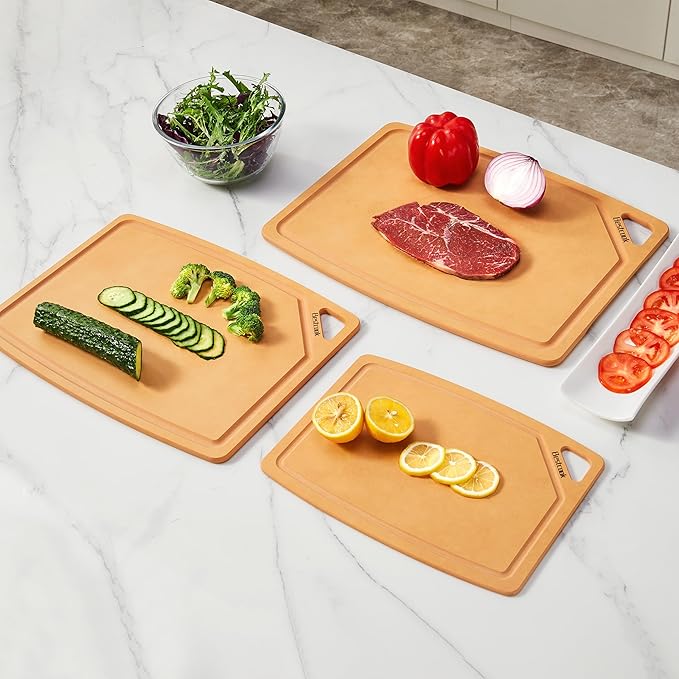 BESTCOOK Wood Fiber Cutting Board Set of 3, Composite Chopping Boards with Juice Groove, Dishwasher Safe, Non-Toxic, BPA-Free, Non-Porous, Non-Slip Feet, Durable for Cutting Meat, Vegetables, Fruit