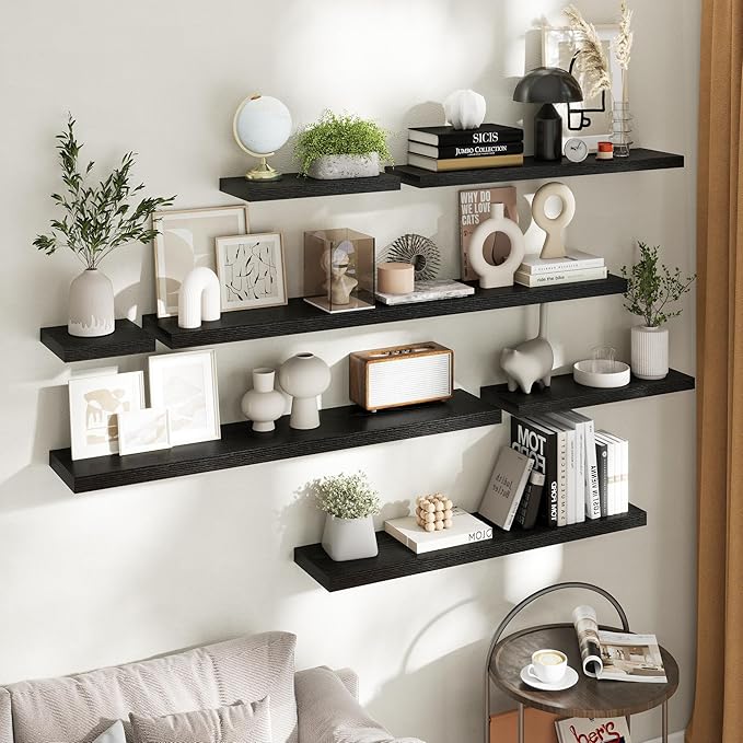 Floating Shelves for Wall with Invisible Brackets, Wall Mounted Engineered Wood Shelves with Wood Grain for Living Room, Bedroom, Bathroom, Kitchen Decor and Storage, Oak, 24"L Set of 2, Black