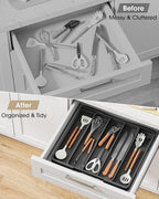 Aujen Silverware Organizer - Expandable Utensil Drawer Organizer with Non-Slip Pads, Adjustable Kitchen Drawer Organizer For Home, Apartment and Kitchen Essentials, Black, 13.6" x 1.4" x 11.0"~19.9"