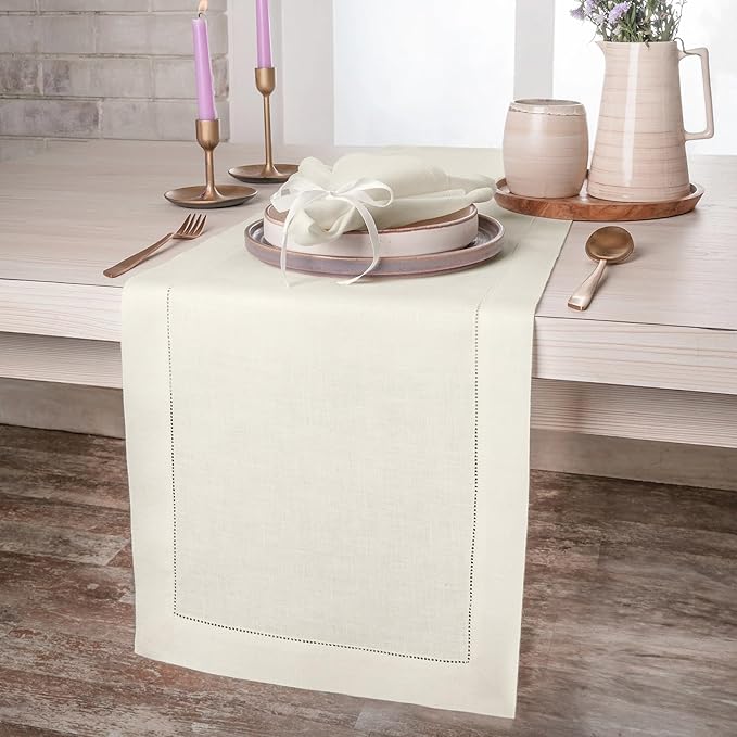 D'Moksha Homes Linen Ivory Table Runner 84 Inches Long - 100% Pure Linen Table Runner 14 x 84 Inch for Fall, Autumn and Halloween - Classic Hemstitch