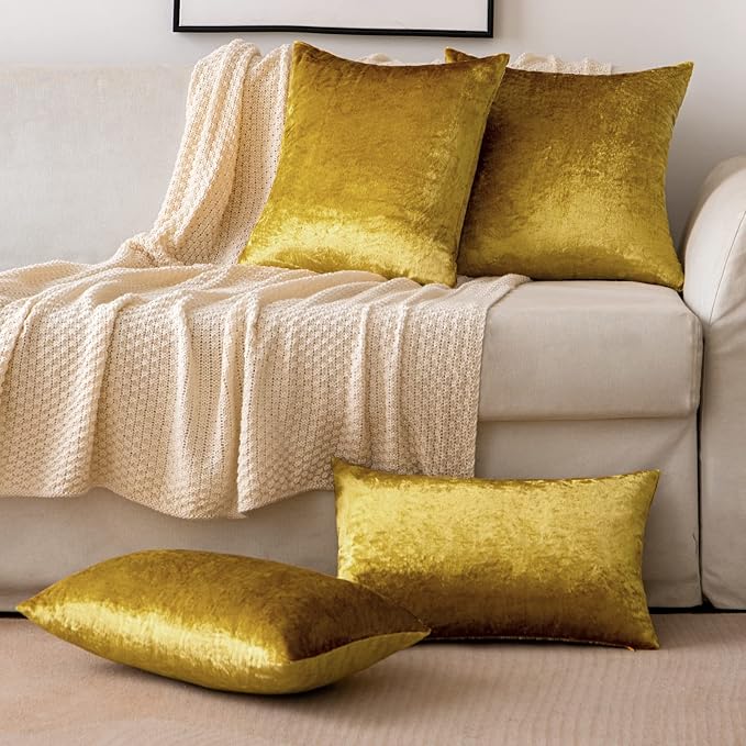 EMEMA Fall Bright Gold Velvet Throw Pillow Covers 20x20 Inch Set of 2 Decorative Square Pillowcase Soft Solid Cushion Case for Couch Sofa Bed Bedroom Livingroom