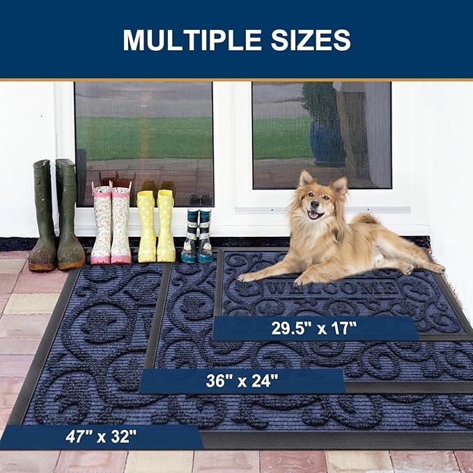 Smiry Welcome Door Mat Outside Entrance, Heavy Duty Trap Dirt and Moisture Easy Clean Low Profile Patio Porch Indoor Outdoor Front Doormat for Entry, 47x32 Inch, Navy Blue/Welcome