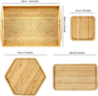 Bamboo Serving Trays 16.5"x11.8"（42x30cm with Handle, Set Includes 1xHexagon 12.5"(32cm)+1xRectangle 9.8"(25cm)*5.9"(15cm)+1xSquare 5.9"(15cm) Dinner Plates Cheese Cutting Board