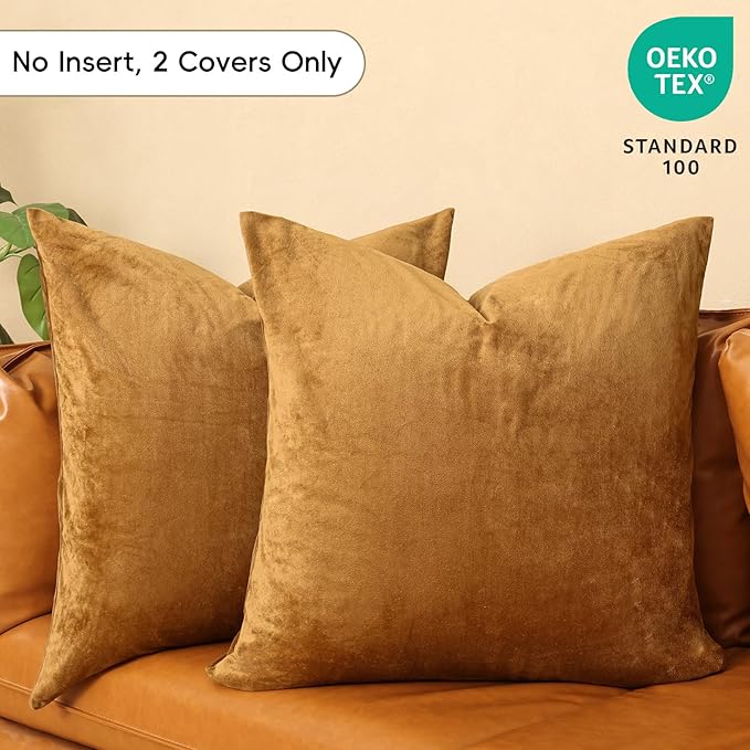 PHF Super Soft Velvet Euro Sham, 26"x 26",No Insert, 2 Pack Color Gradient Euro Pillow Covers, Ultra Cozy Pillow Covers for Luxurious Home Decorative, No Shedding, No Pilling, Brownish Camel