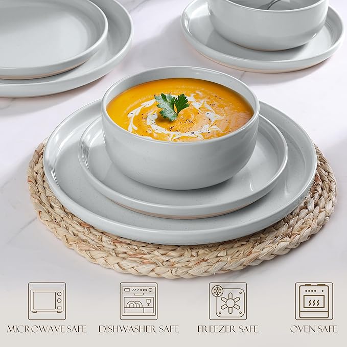 LIANYU Stoneware Dinnerware Sets for 4, 12-Piece Kitchen Dinner Dish Set, Porcelain Plates and Bowls Tableware, Safe & Healthy, Dishwasher & Microwave Safe, Glacier Gray