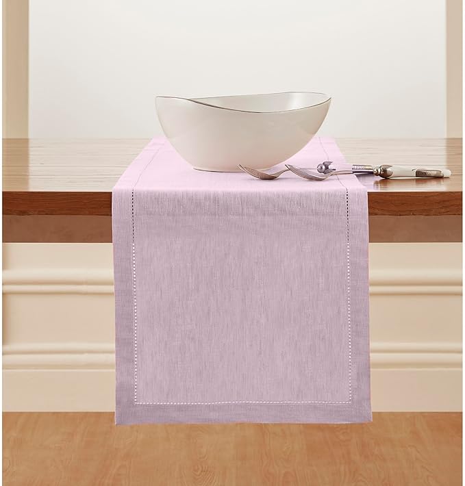 Solino Home Linen Table Runner 36 Inches - 100% Pure Linen Bubblegum Pink Hemstitch Table Runner 14 x 36 Inch Ideal for Dresser and Coffee Tables - Halloween - Milan