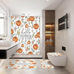 MEHOFOND 4pcs Hello Pumpkin Floral Shower Curtain Set,Fall Eucalyptus Leaves Pink Flower Shower Curtain Sets,Autumn Thanksgiving Festival Holiday Bathroom Bath Decor Curtains with Hooks 72 x72Inch