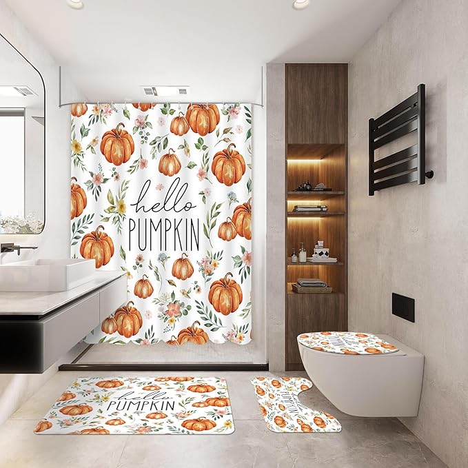 MEHOFOND 4pcs Hello Pumpkin Floral Shower Curtain Set,Fall Eucalyptus Leaves Pink Flower Shower Curtain Sets,Autumn Thanksgiving Festival Holiday Bathroom Bath Decor Curtains with Hooks 72 x72Inch