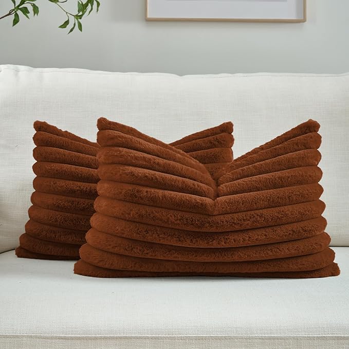 FUTEI Rust Striped Decorative Throw Pillow Covers 12x20 Inch Set of 2,Rectangle Winter Decorations Couch Lumbar Pillowcase,Soft Cozy Faux Rabbit Fur & Velvet Back,Modern Home Decor for Bed