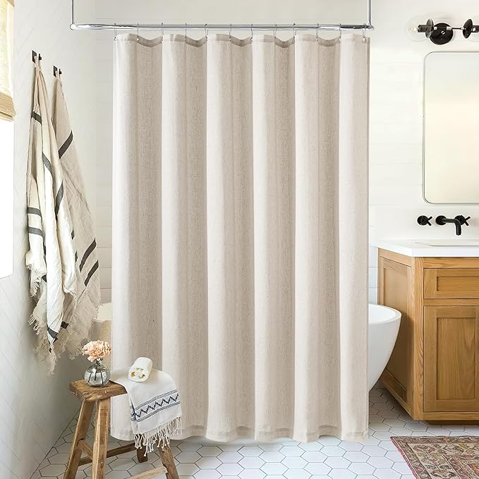80 Inch Long Shower Curtain Tan Beige Linen Extra Long Shower Curtains for Bathroom Boho Farmhouse Water Repellent Drapes Set Bathroom Decor Bath Drapes with Hooks 72x80 Inch, Grey Beige