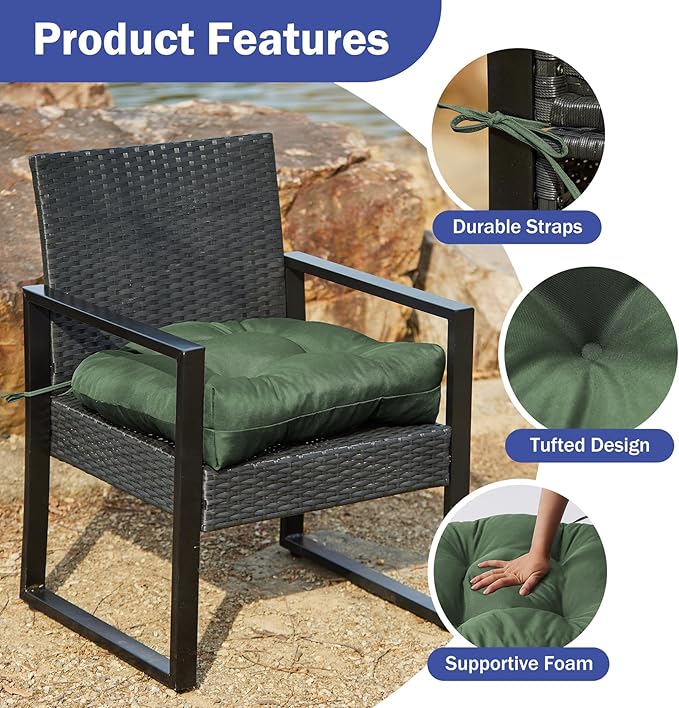 Outdoor Chair Cushions Set of 2, Patio Chair Cushions with Ties, 17x17+4” Tufted Outdoor Seat Cushions, Waterproof Patio Furniture Cushions, Outdoor Dining Chair Pads, Forest Green
