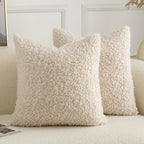 Pack of 2 Curly Teddy Wool Faux Fur Throw Pillow Covers Fuzzy Accent Soft Sherpa Pillowcases Sheepskin Fleece Decorative Cushion Case for Sofa Couch Living Room 20x20 Inch Neutral Light Beige