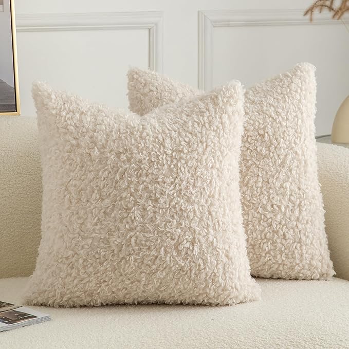 Pack of 2 Curly Teddy Wool Faux Fur Throw Pillow Covers Fuzzy Accent Soft Sherpa Pillowcases Sheepskin Fleece Decorative Cushion Case for Sofa Couch Living Room 20x20 Inch Neutral Light Beige