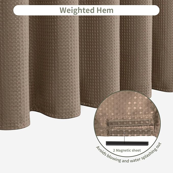 Inhousolu Fabric Shower Curtain Waffle Weave, 230 GSM Heavy Duty, Weighted Hem, 14 Metal Hooks, Water Repellent, Machine Washable, Hotel Spa Luxury Bath Curtain Set, 72 x 72 Inch, Brown