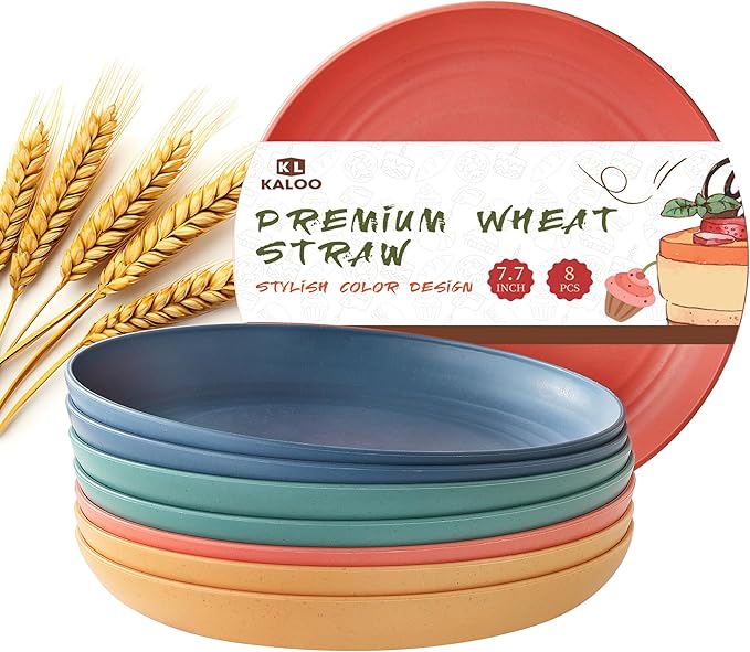 8 PCS Wheat Straw Plates, Kaloo 7.7 Inch Melamine Reusable Plastic Unbreakable Dinner Plates for kitchen, Dishwasher & Microwave Safe (4 colors)