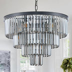 24”Modern Black Crystal Chandeliers Ceiling Round Smoke Gray Crystal Chandelier Luxury 4-Tier 12 Lights Pendant Light Fixture Contemporary for Dining Room Foyer Staircase Living Room