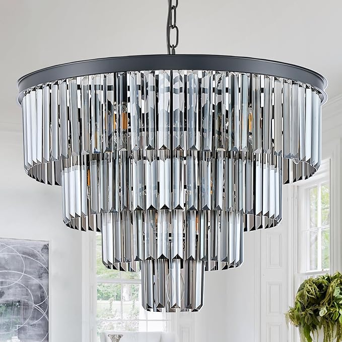 24”Modern Black Crystal Chandeliers Ceiling Round Smoke Gray Crystal Chandelier Luxury 4-Tier 12 Lights Pendant Light Fixture Contemporary for Dining Room Foyer Staircase Living Room