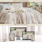 MooMee Striped Duvet Cover Set 100% Washed Cotton Linen Like Textured Breathable Durable Soft Comfy (White Almond Milk Grey Wide Stripes, Palatial King/Oversized King 120"x98")