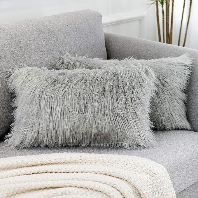 WLNUI Set of 2 Light Grey Christmas Decorative Lumbar Pillow Covers New Luxury Series Merino Style Faux Fur Fluffy Throw Pillow Covers Fuzzy Cushion Case for Sofa Bedroom Home Decor 12x20 Inch