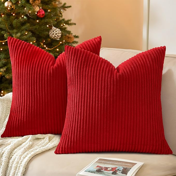 Mecatny Christmas Decorative Corduroy Throw Pillow Covers 26x26 Set of 2 for Sofa Living Room, Soft Neutral Boho Couch Pillow Covers for Home Decor, Christmas Red