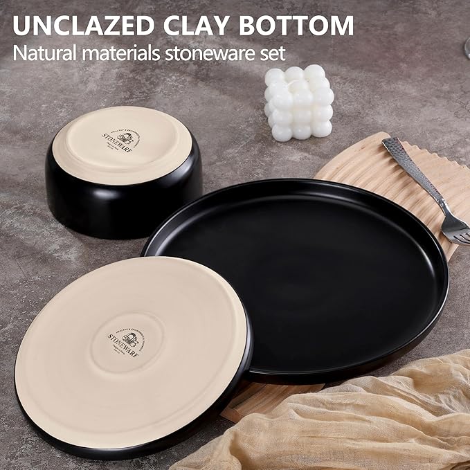 LIANYU 18PCS Dinnerware Plates and Bowls Sets, Ceramic Dishes Set for 6, Stoneware Dinner Dessert Salad Plates Cereal Bowls, Scratch Resistant Dishware, Microwavable & Dishwasher Safe, Matte Black