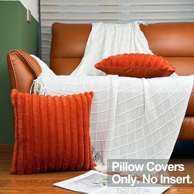 18x18 Throw Pillow Covers Set of 2, Decorative Faux Fur Covers for Bed, Couch Soft Fluffy Pillow Cover with Velvet Back for Living Room, Neutral Home Décor Accent for Sofa - Burnt Orange