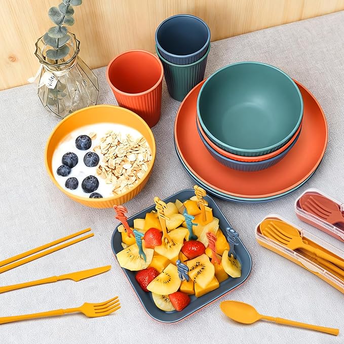 40-Piece Wheat Straw Dinnerware Set, Service for 4, Unbreakable Plates Bowls Cups Utensils with Fruit Forks, Dishwasher & Microwave Safe, Apartment Essentials & Outdoor Camping