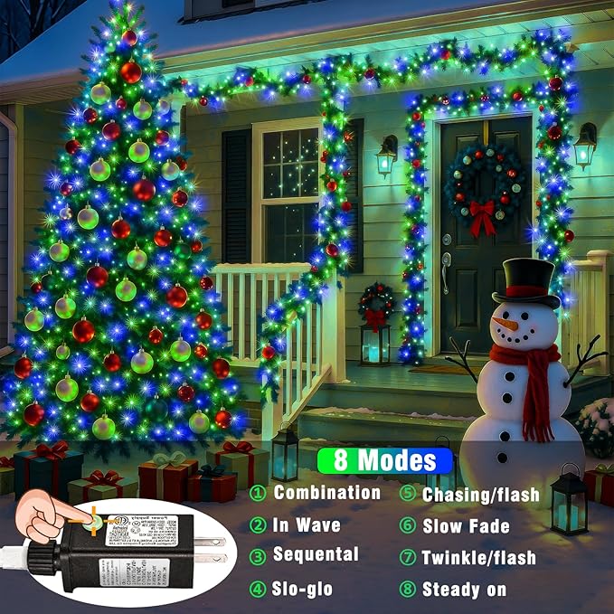200 LED Christmas Lights Outdoor 66FT Connectable String Lights Indoor 8 Modes Clear Wire Plug in Waterproof Twinkle Fairy Lights for Bedroom Christmas Tree Party Decorations, Blue&Green
