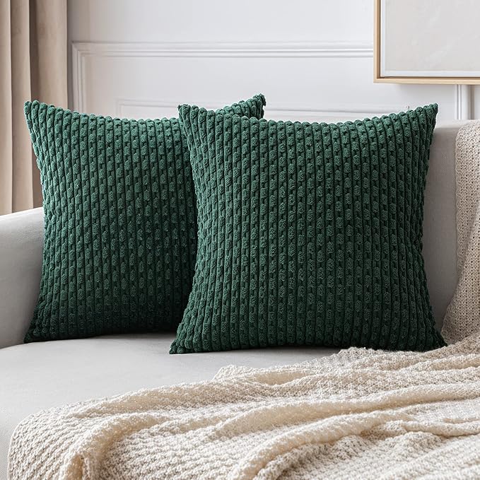 MIULEE Christmas Army Green Throw Pillow Covers Soft Corduroy Decorative Set of 2 Boho Striped Pillow Covers Pillowcases Farmhouse Home Decor for Couch Bed Sofa Living Room 20x20 Inch