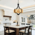 4-Light Rattan Chandelier Light Fixture, 18” Black Metal and Hand-Woven Wicker Shade, Semi-Flush Mount Boho Farmhouse Pendant Lighting for Dining Room, Living Room, Kitchen Island, Bedroom