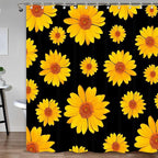 Black and Yellow Daisy Flower Shower Curtain, Rustic Farmhouse Botanical Waterproof Fabric with Hooks Set, 72x72 Inches
