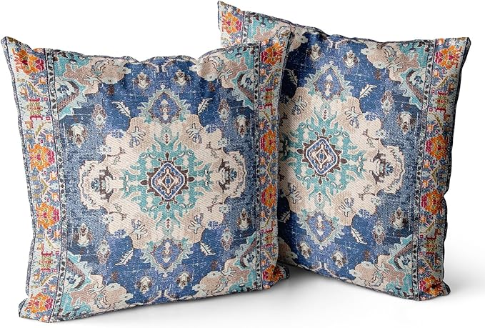 Snycler Boho Throw Pillow Covers 26x26 inch Set of 2 Boho Rug Carpet Double Sided Pattern Cotton Soft Pillow Case Cushion Cover Pillowcase for Couch Sofa Bed Decorative (Blue)