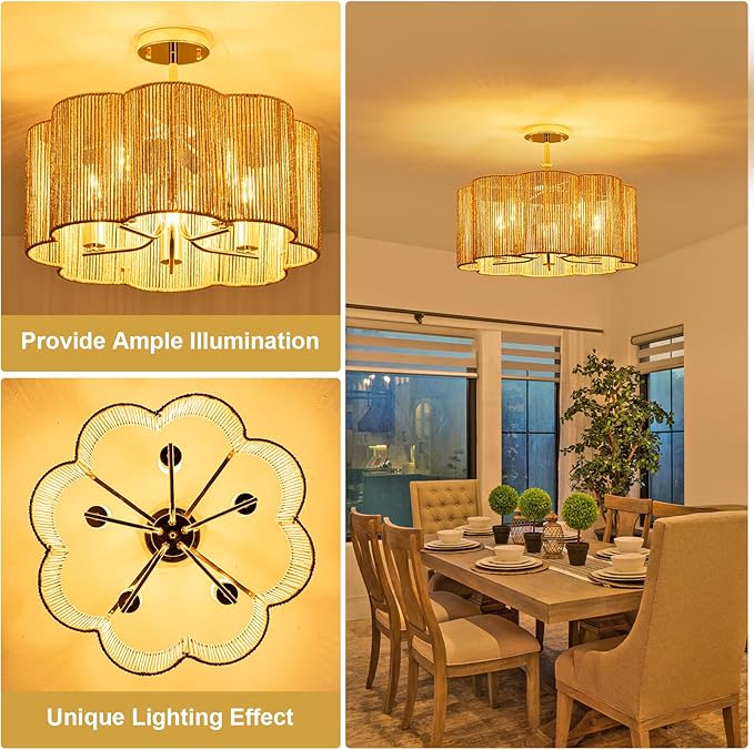 5-Light 19.6'' 2-in-1 Linear-Woven Rattan Ceiling Light - Convertible Flush Mount/Pendant for Kitchen Island & Dining Room, Dimmable with Adjustable Chain + Rod