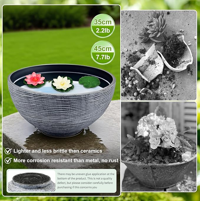 13.7inch Large Lotus Bowl Planter Garden Water Plant Pot Bird Bath Bowl Landscaping Planter Water Lily Pots for Outdoor Indoor Planting in Water Small Fountain Base Mini Fish Pond (White)
