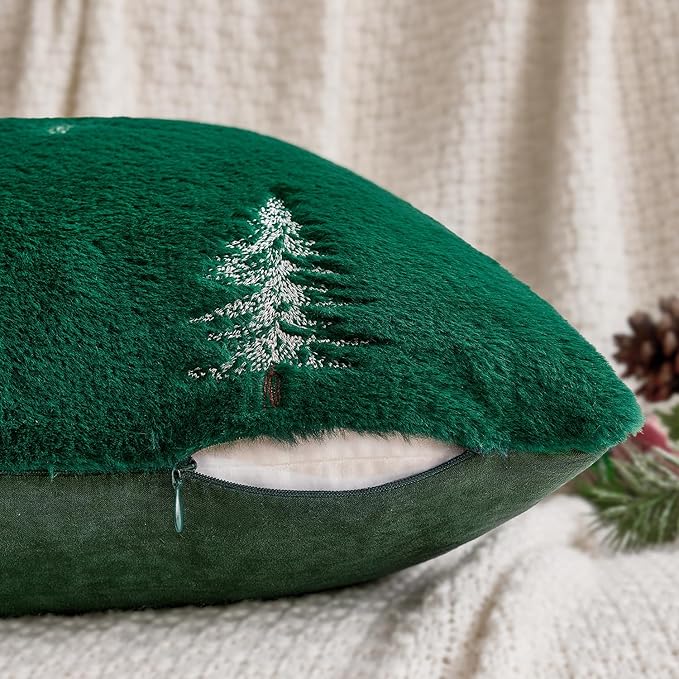 MIULEE Christmas Decorative Pillow Covers Set of 2 Faux Fur Throw Pillows with Embroidered Christmas Tree 18x18 Inch Green White Winter Couch Covers for Festival Sofa Bedroom Living Room Home Decor