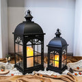 TRIROCKS Set of 2 Decorative Vintage Candle Lanterns 14.5"&20" H Farmhouse Outdoor Hanging Lanterns with Tempered Glass for Porch, Balcony, Patio, Home, Centerpieces, Indoor, Outdoor(Black)