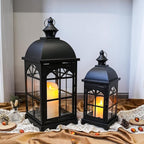 TRIROCKS Set of 2 Decorative Vintage Candle Lanterns 14.5"&20" H Farmhouse Outdoor Hanging Lanterns with Tempered Glass for Porch, Balcony, Patio, Home, Centerpieces, Indoor, Outdoor(Black)