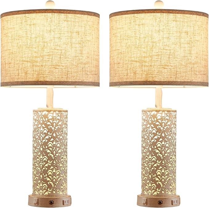 26" Set of 2 Farmhouse Table Lamp, 3-Way Dimmable Touch Control with Nightlight, 2 USB Ports + AC Outlet Vintage Rustic Bedside Lamp for Living Room Bedroom and Nightstand (White-2 Pack)