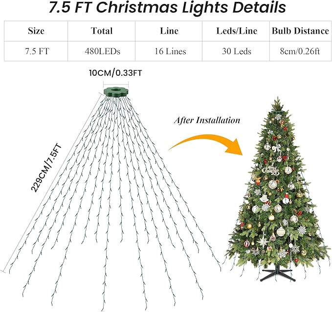 Mlambert Christmas Tree Lights, 7.5ft 16 Lines Fairy String Light, 8 Modes 480 LED Xmas Lighting with Remote Timer for Holiday, Warm White/Multicolor