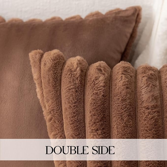 MOSAYT Faux Fur Throw Pillow Covers 16x16, Set of 2, Plush Velvet Soft Pillow Case,Fluffy Striped Decorative Couch Pillow Covers for Sofa, Bedroom, Living Room(Brown)