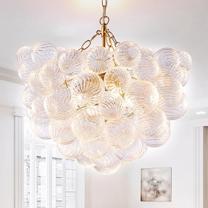 Bubble Glass Chandelier Pendant Lights Fixture Dia 24 inch Cluster Swirled Clear Blown Glass Ribbed Globe Decorative Lighting Fixture for Living Room Bedroom Dining Room Island