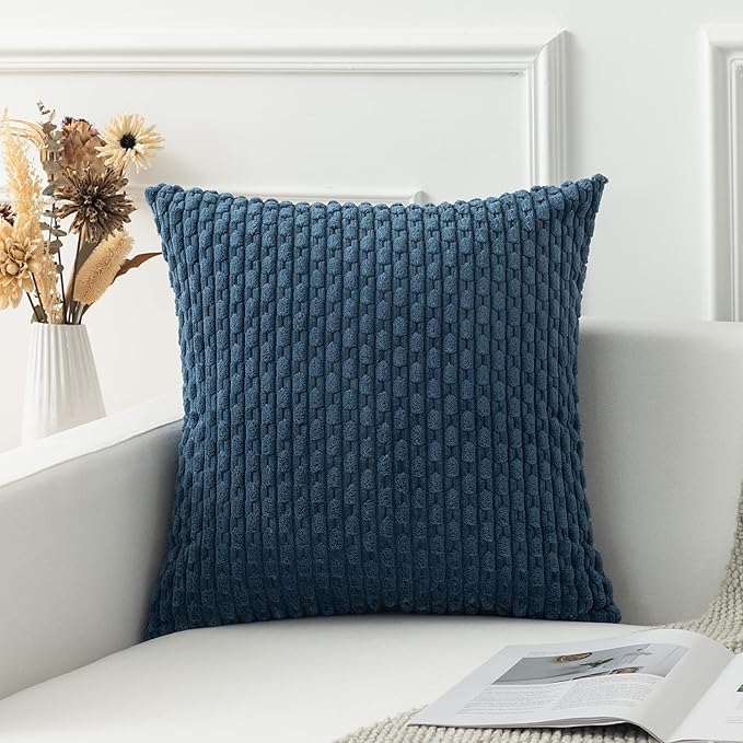 Kevin Textile 2 Packs Blue Decorative Throw Pillow Covers 20x20 Inch for Living Room Couch Bed Sofa Soft Striped Corduroy Square Cushion Case 50x50 cm Rustic Farmhouse Boho Home Decor