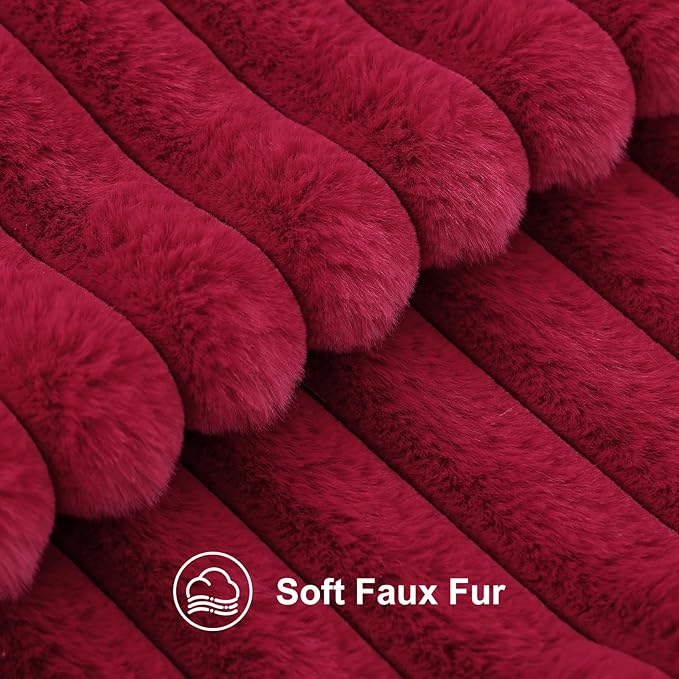 decorUhome Faux Fur Christmas Throw Pillow Covers 12x20 Set of 2, Decorative Soft Plush Striped Lumbar Neutral Couch Euro Pillow Covers with Velvet Back for Sofa, Bed, Living Room Home Decor, Burgundy