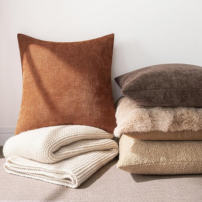 MIULEE Pack of 2 Decorative Throw Pillow Covers Soft Chenille Throw Pillows Solid Textured Fall Cushion Covers for Couch Sofa Bedroom Living Room 20x20 Inch, Dark Rust