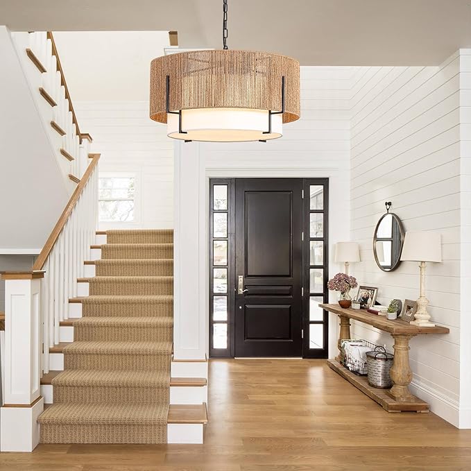 25.6" Large Rattan Chandelier, 6-Light Boho Pendant Light with Fabric Shade, Farmhouse Rattan Hanging Ceiling Light Fixture for Dining Room, Living Room, Kitchen Island, Bedroom, Hallway, Foyer