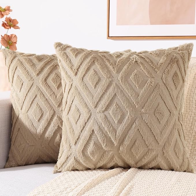 decorUhome Couch Throw Pillow Covers 18x18 Set of 2, Decorative Soft Plush Faux Wool Neutral Accent Pillow Covers for Bed Sofa Living Room, Light Khaki